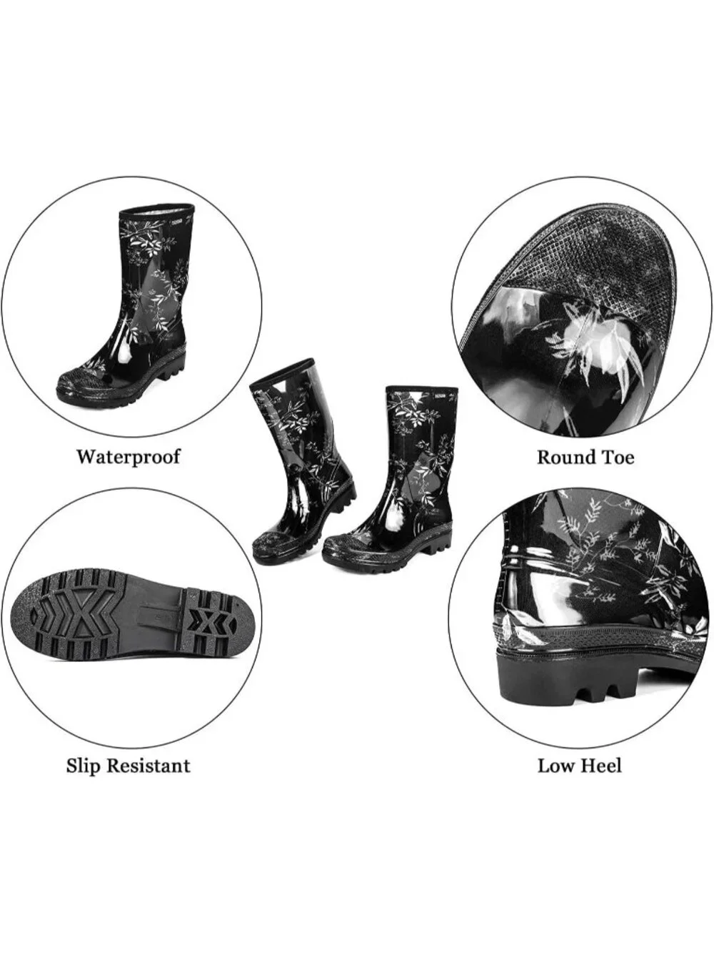 Women's Leaves Wide Calf Waterproof Rubber Garden Cushioned Insole Rain Boots